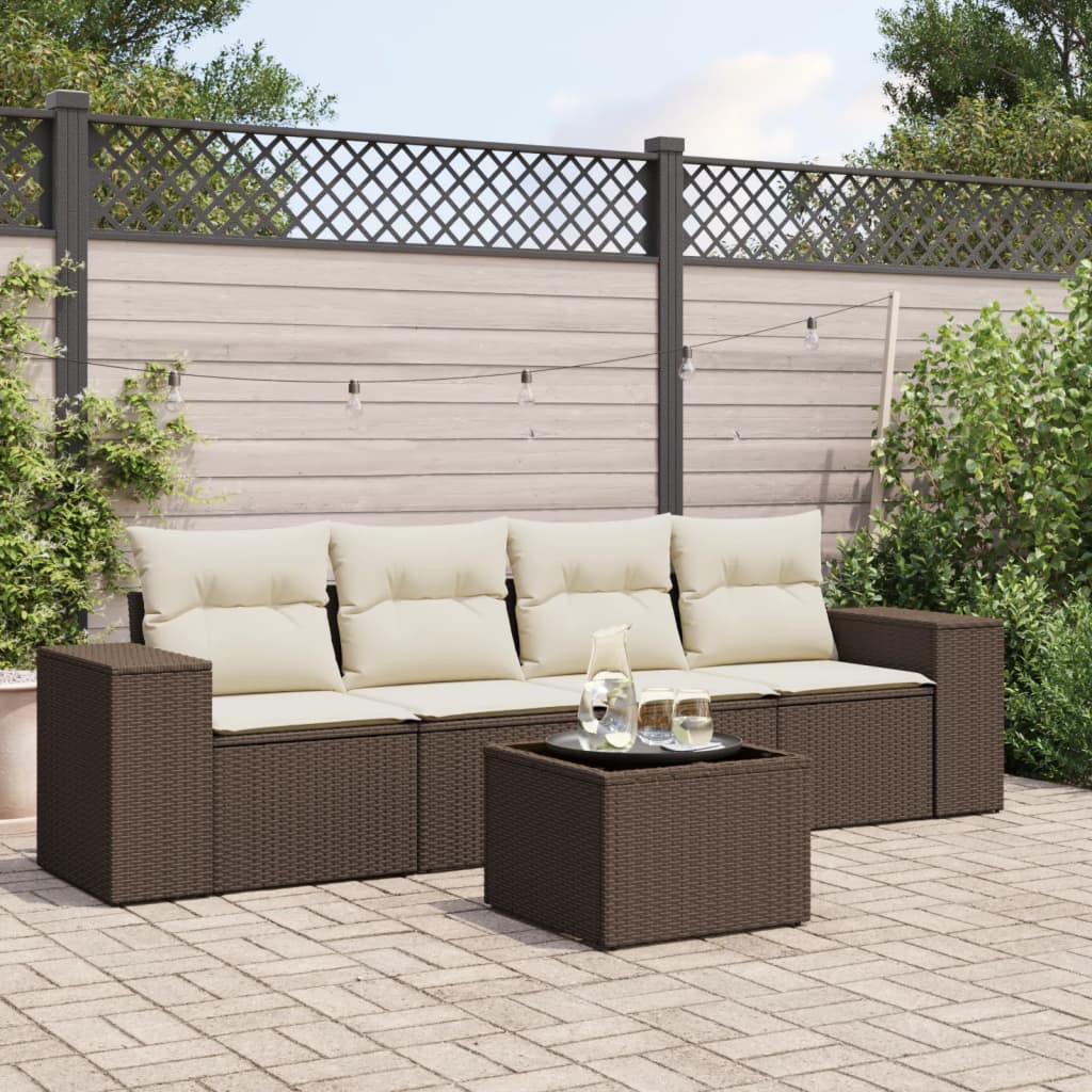 Set Divano da Giardino 5 pz con Cuscini Marrone in Polyrattan - homemem39