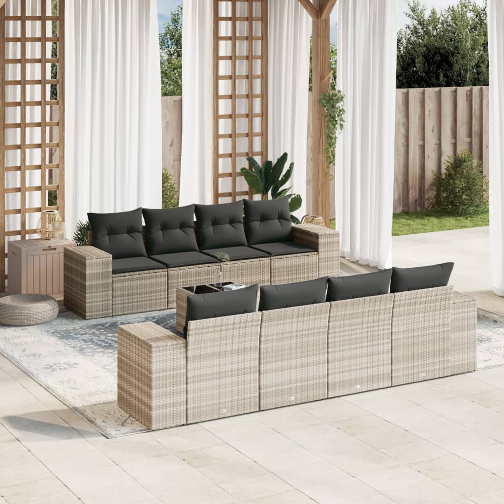 Set Divano da Giardino 9pz con Cuscini Grigio Chiaro Polyrattan - homemem39