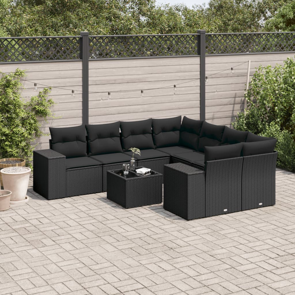 Set Divani da Giardino 9 pz con Cuscini Nero in Polyrattan - homemem39