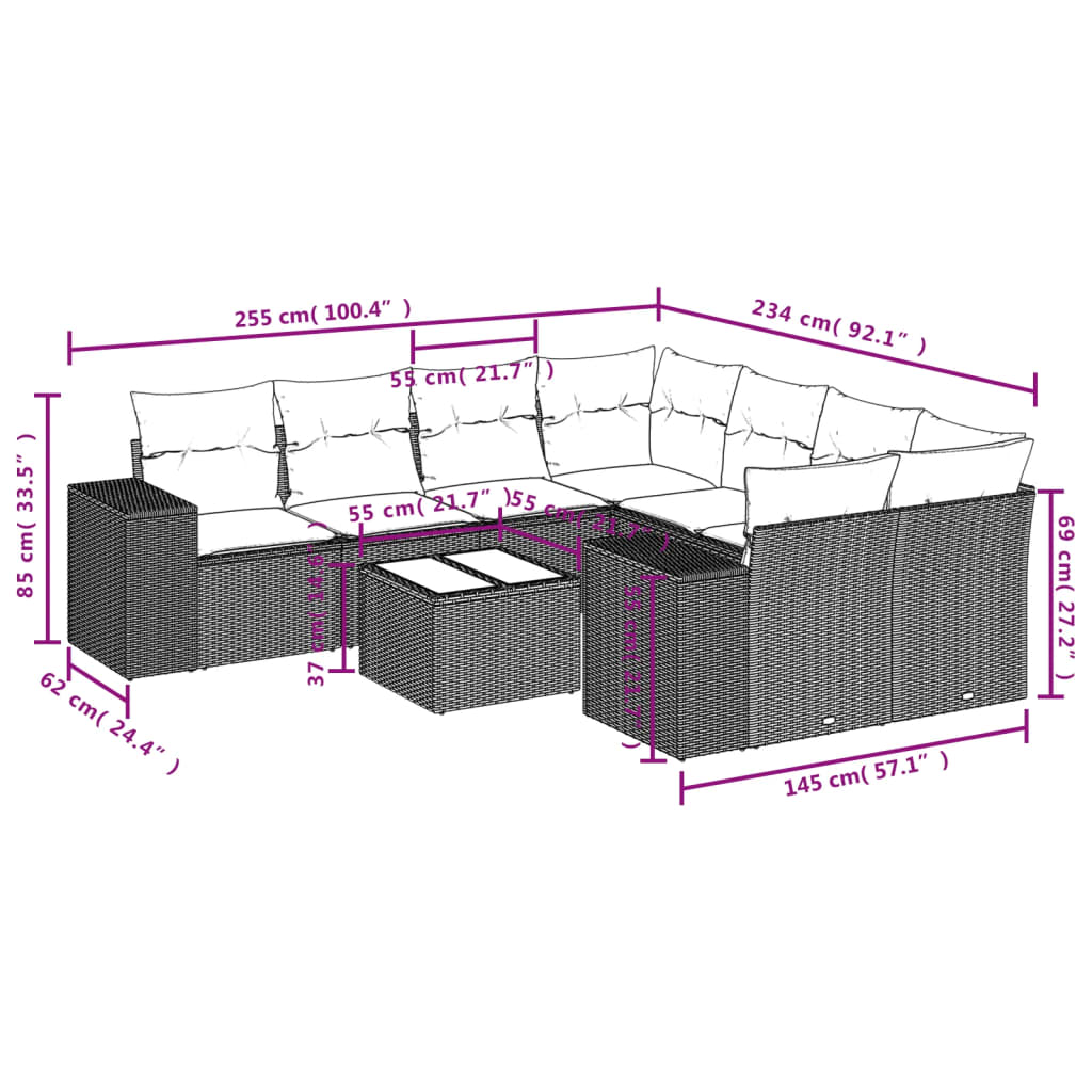 Set Divano da Giardino 9 pz con Cuscini Grigio in Polyrattan - homemem39