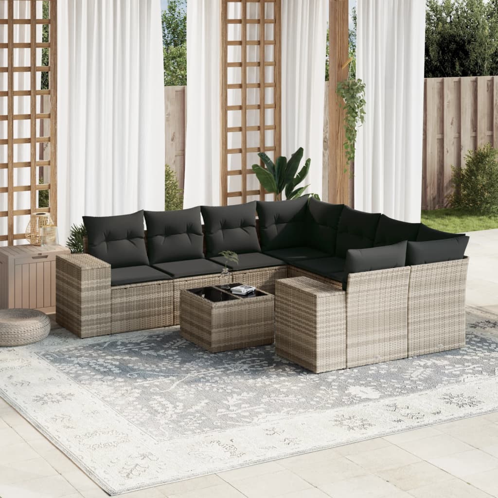 Set Divano da Giardino 9pz con Cuscini Grigio Chiaro Polyrattan - homemem39