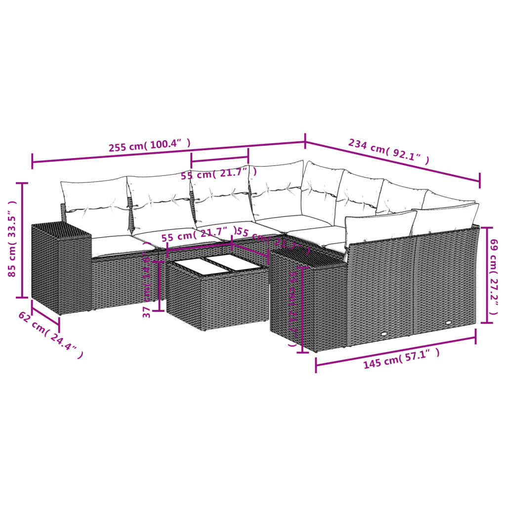 Set Divani da Giardino 9pz con Cuscini Marrone in Polyrattan - homemem39