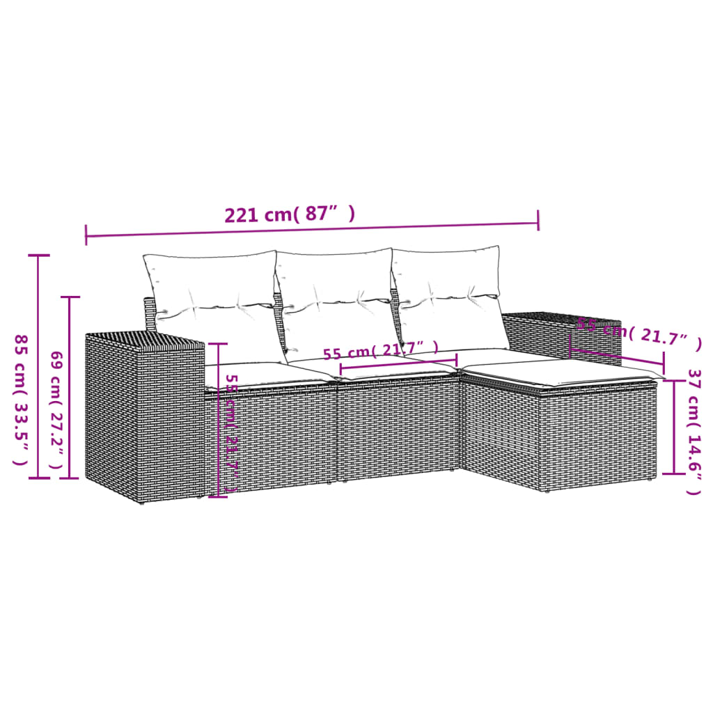 Set Divano da Giardino 4 pz con Cuscini Beige in Polyrattan - homemem39