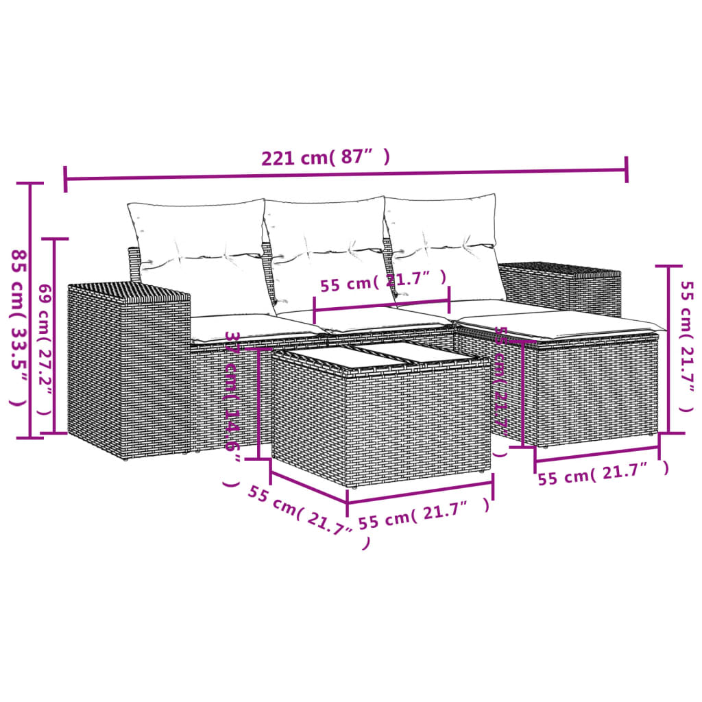 Set Divani da Giardino 5 pz con Cuscini in Polyrattan Nero - homemem39