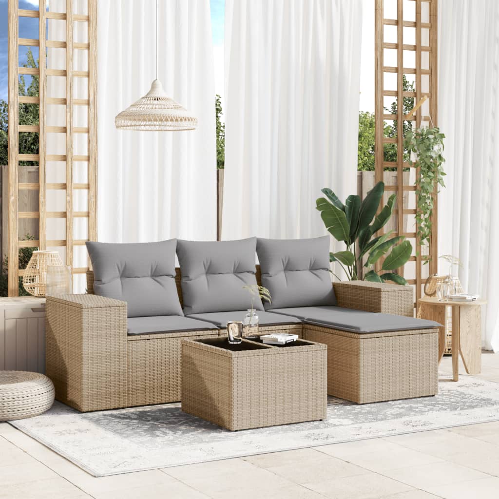 Set Divano da Giardino 5 pz con Cuscini Beige in Polyrattan - homemem39