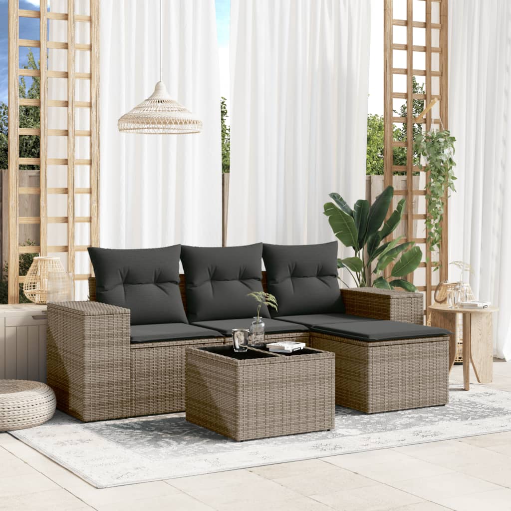 Set Divano da Giardino 5 pz con Cuscini Grigio in Polyrattan - homemem39