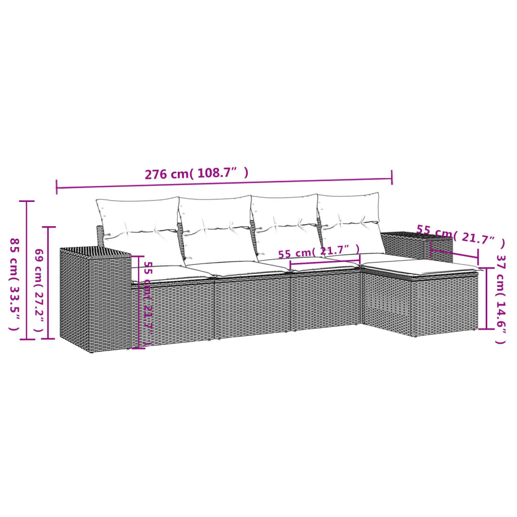 Set Divano da Giardino 5pz con Cuscini Grigio Chiaro Polyrattan - homemem39