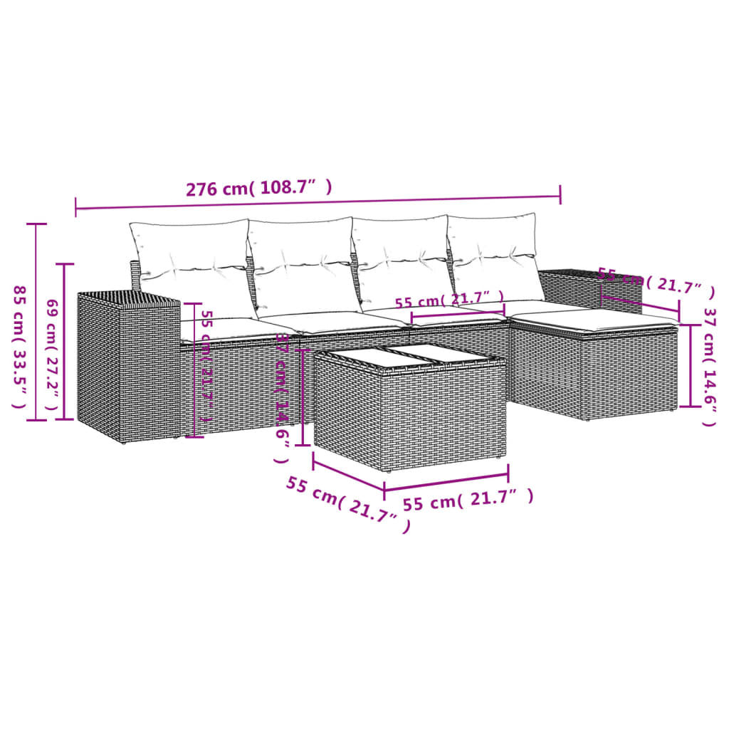 Set Divano da Giardino 6 pz con Cuscini Grigio in Polyrattan - homemem39