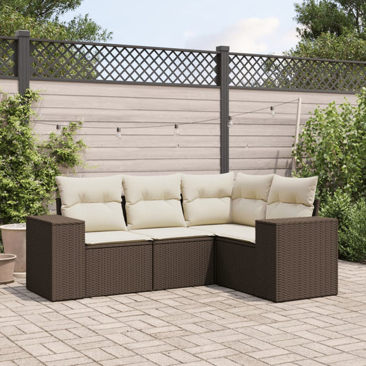 Set Divano da Giardino 4 pz con Cuscini Marrone in Polyrattan