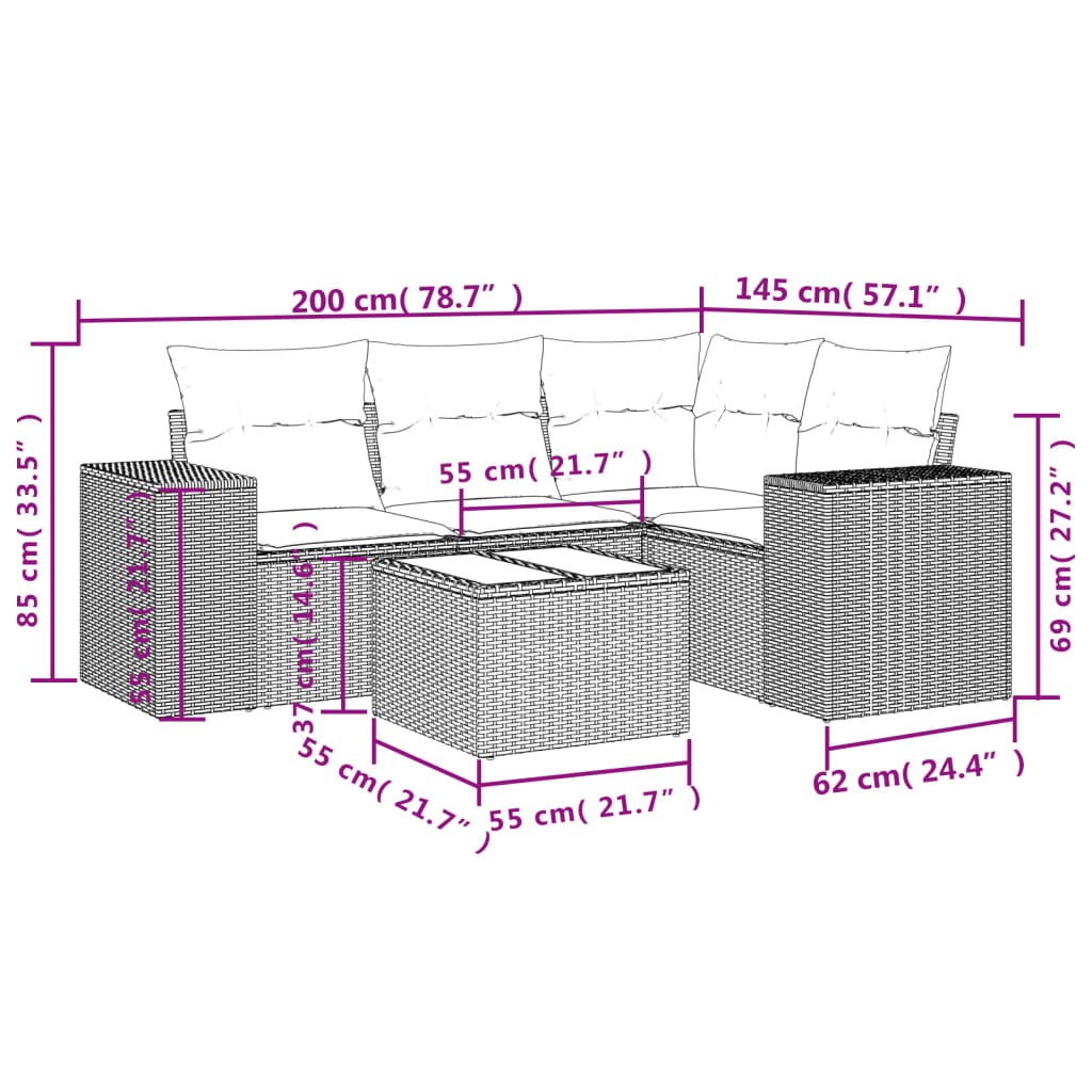 Set Divano da Giardino 5 pz con Cuscini Grigio in Polyrattan - homemem39