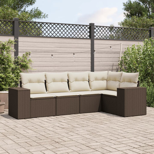 Set Divano da Giardino 5 pz con Cuscini Marrone in Polyrattan