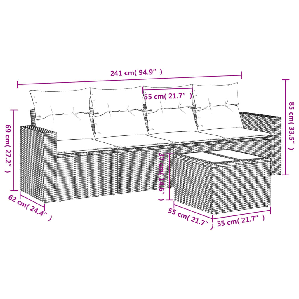 Set Divano da Giardino 5 pz con Cuscini Marrone in Polyrattan - homemem39