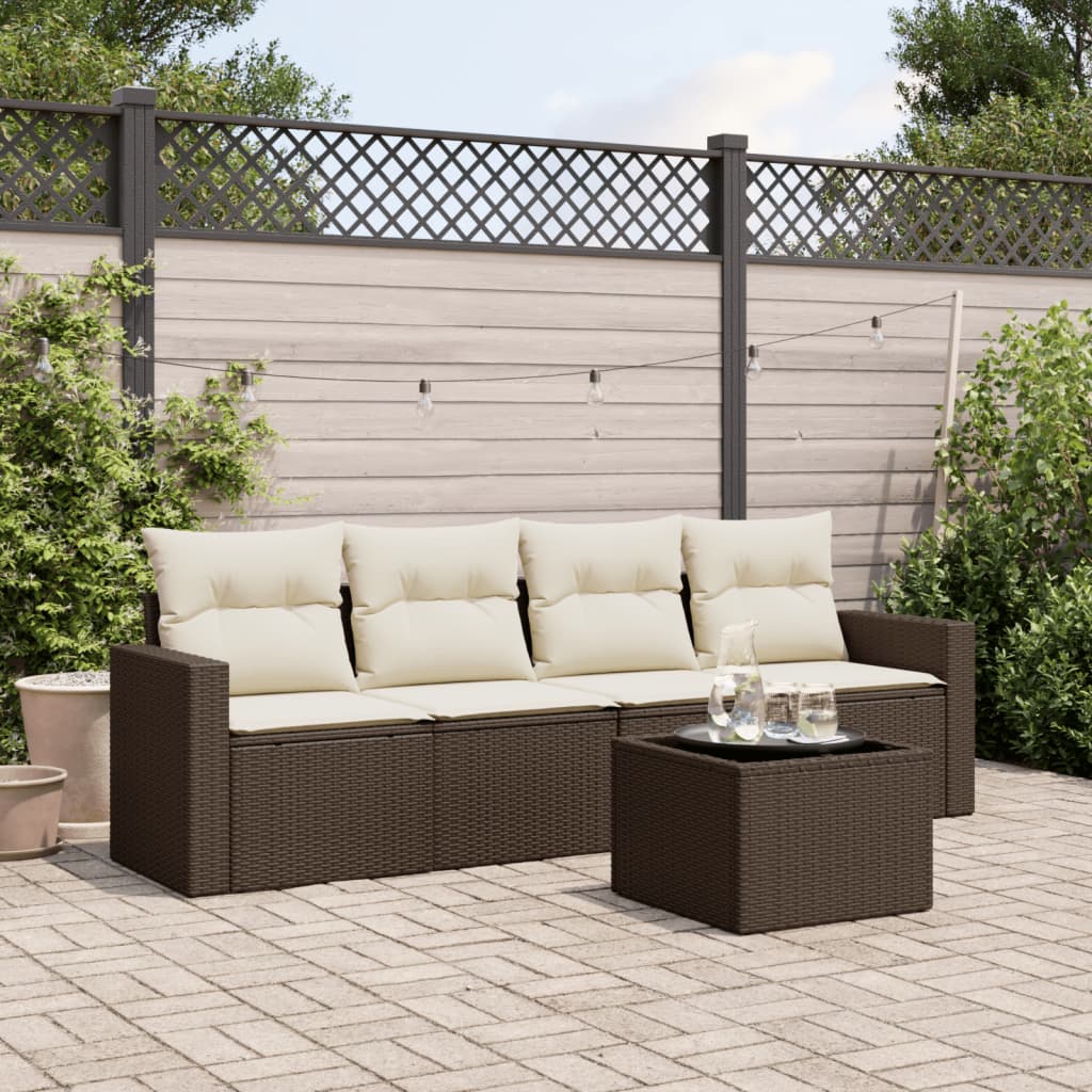 Set Divano da Giardino 5 pz con Cuscini Marrone in Polyrattan - homemem39