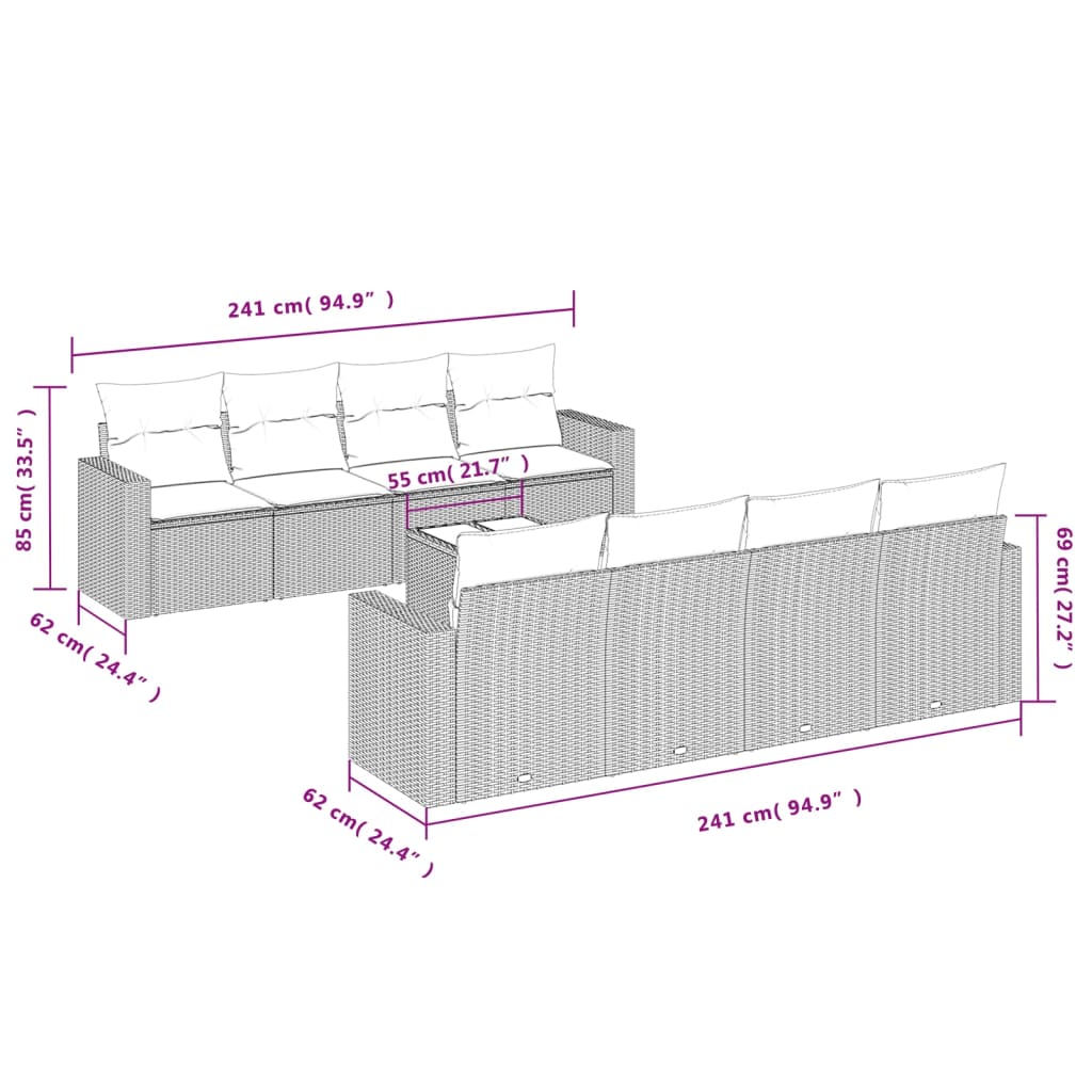 Set Divani da Giardino 9 pz con Cuscini Nero in Polyrattan - homemem39