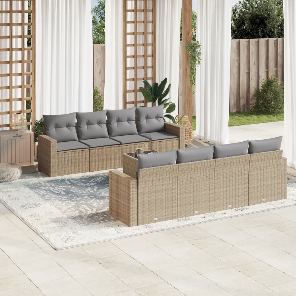 Set Divano da Giardino 9 pz con Cuscini Beige in Polyrattan - homemem39