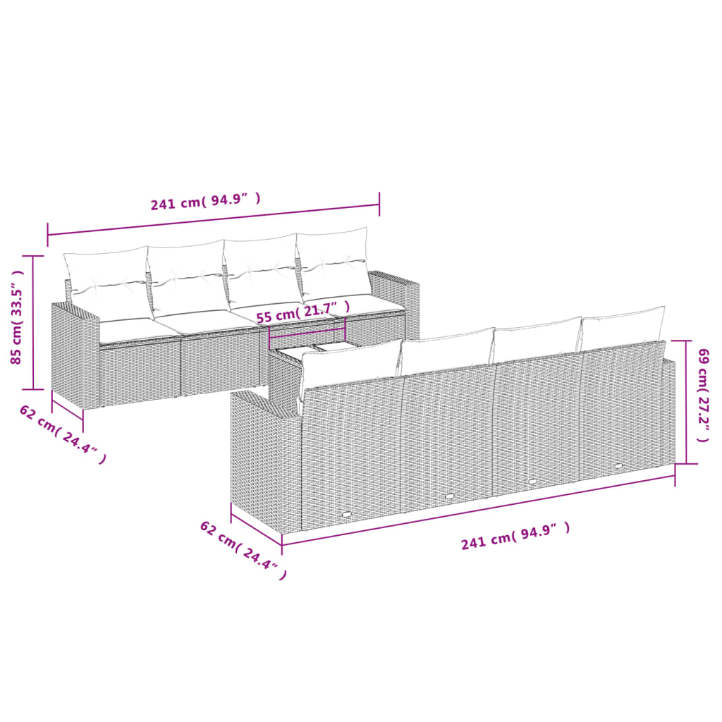 Set Divano da Giardino 9pz con Cuscini Grigio Chiaro Polyrattan - homemem39