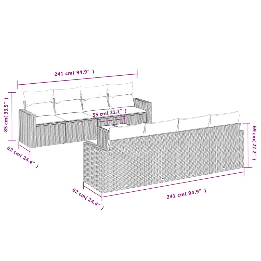 Set Divani da Giardino 9pz con Cuscini Marrone in Polyrattan - homemem39