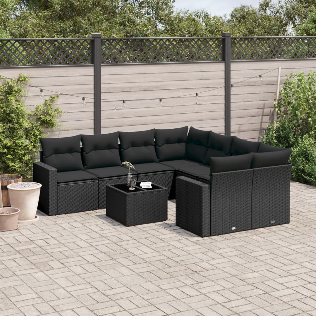 Set Divani da Giardino 9 pz con Cuscini Nero in Polyrattan - homemem39