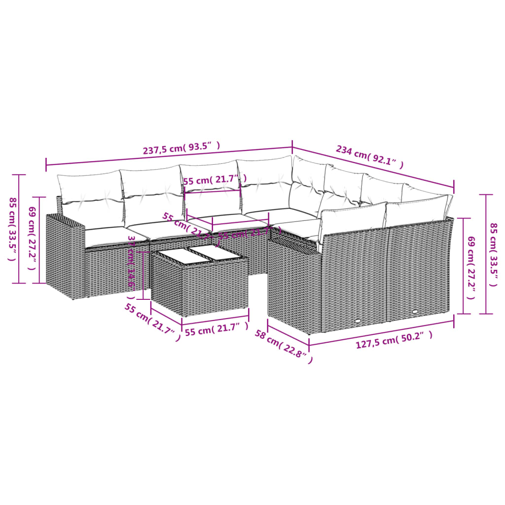 Set Divani da Giardino 9 pz con Cuscini Nero in Polyrattan - homemem39