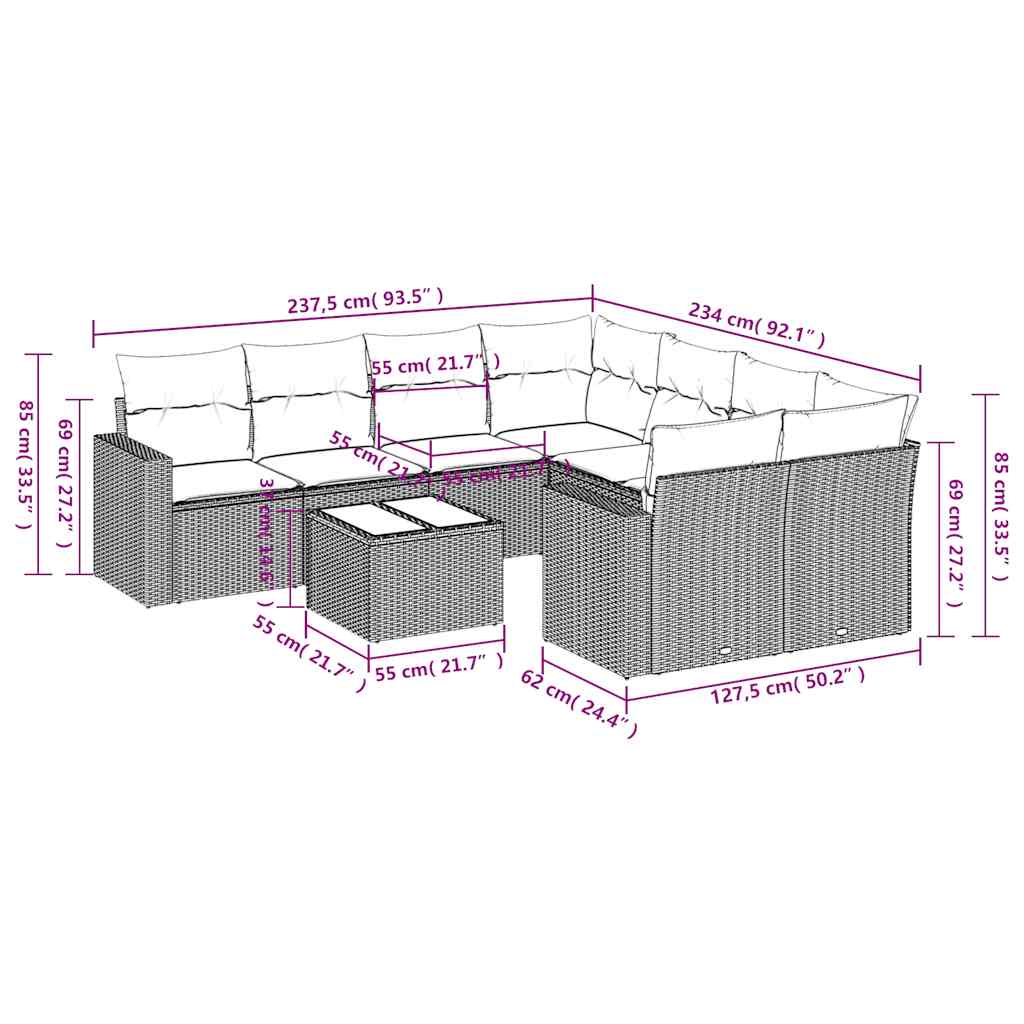 Set Divano da Giardino 9 pz con Cuscini Beige in Polyrattan - homemem39