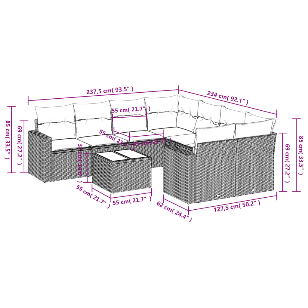 Set Divano da Giardino 9 pz con Cuscini Grigio in Polyrattan - homemem39