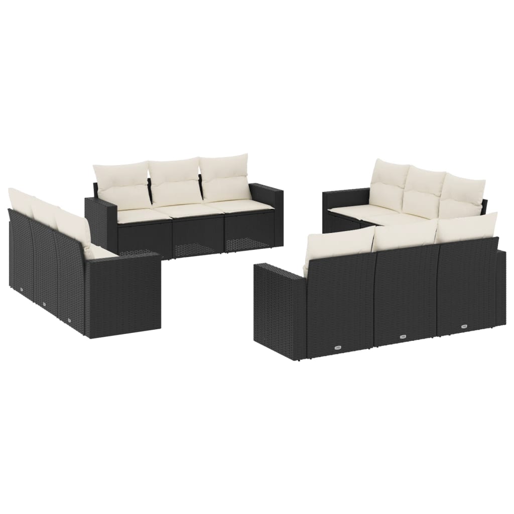 12-teiliges Gartensofa-Set mit schwarzen Polyrattan-Kissen