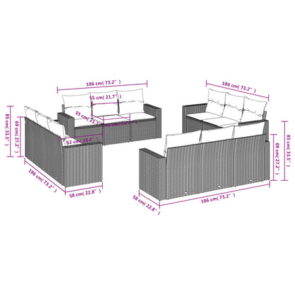 12-teiliges Gartensofa-Set mit schwarzen Polyrattan-Kissen