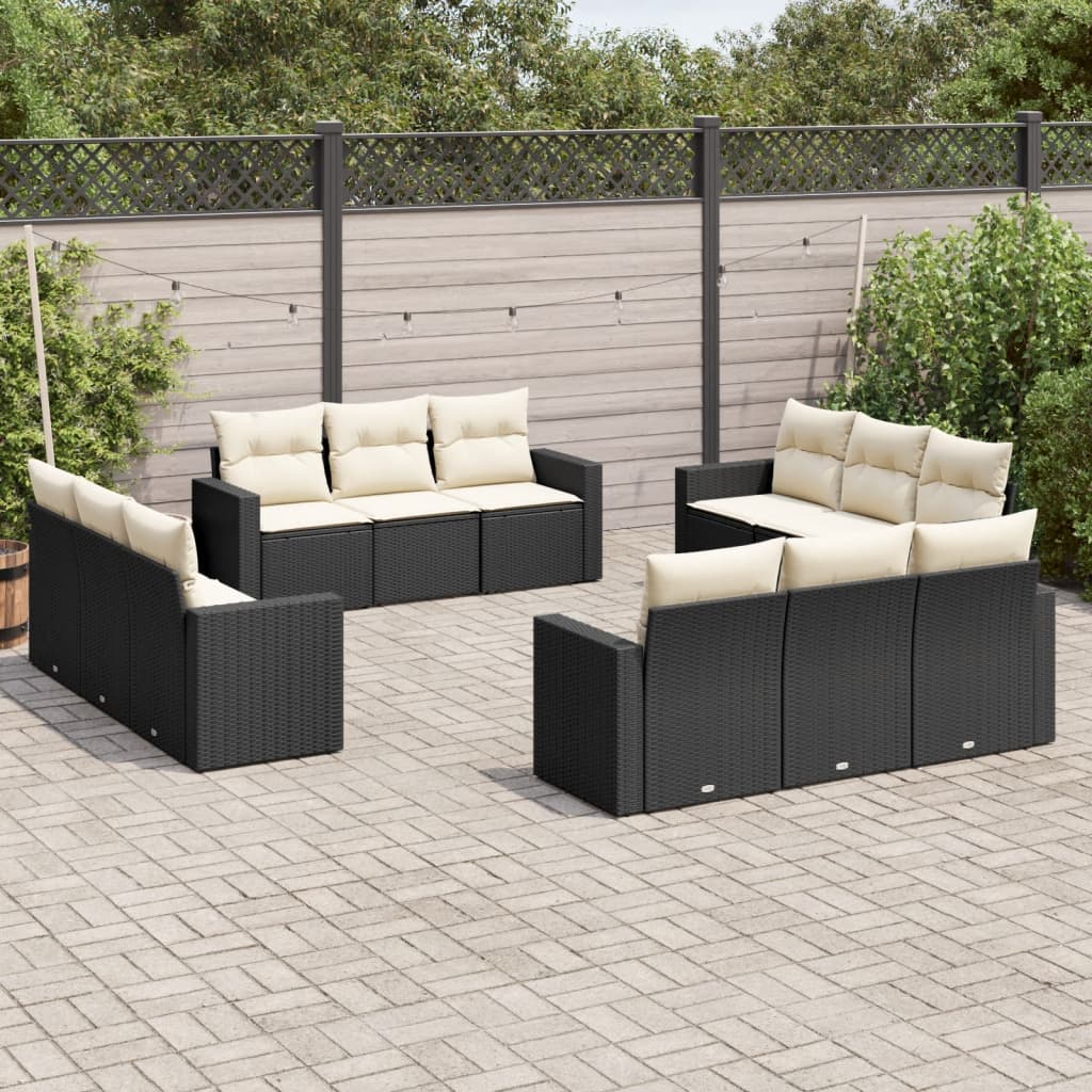 12-teiliges Gartensofa-Set mit schwarzen Polyrattan-Kissen