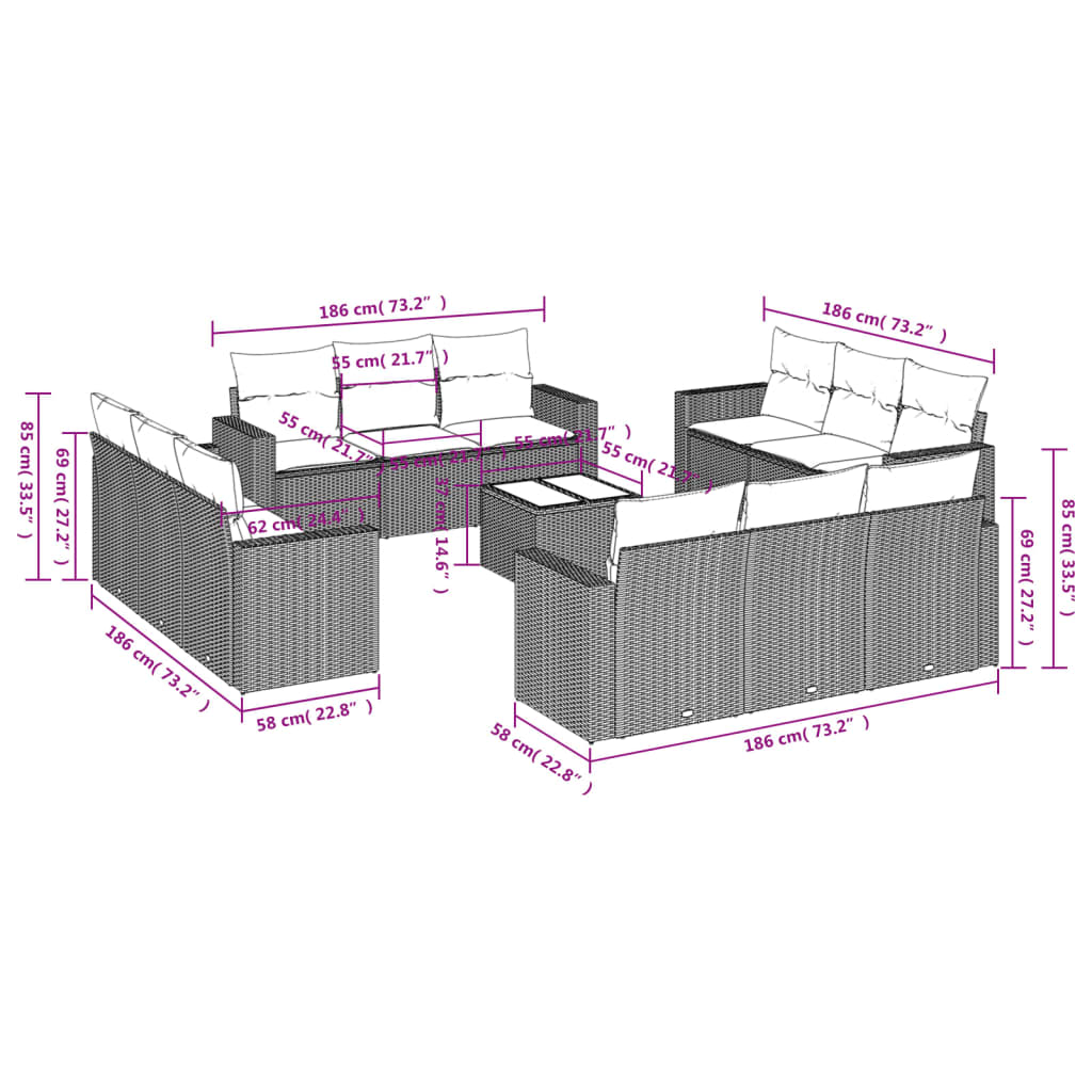 Set Divani da Giardino 13 pz con Cuscini Grigio in Polyrattan - homemem39