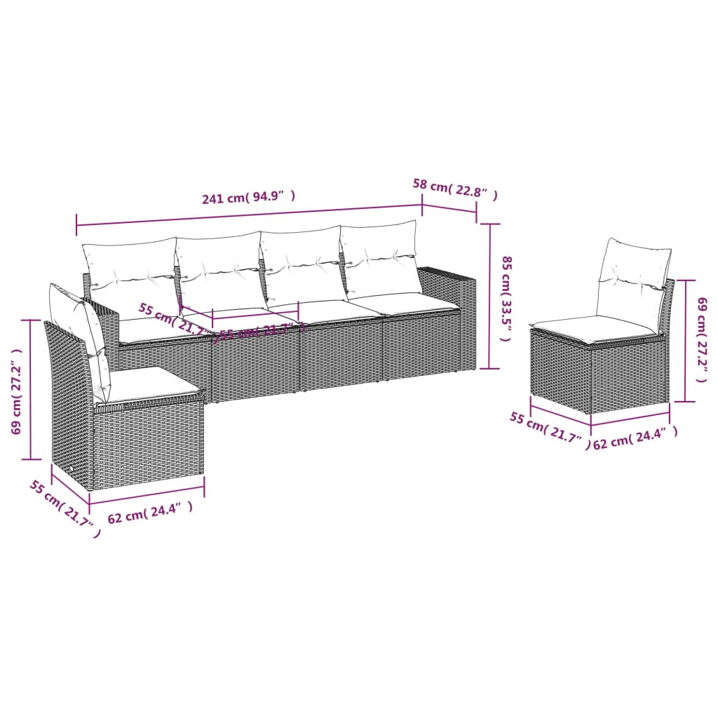 Set Divano da Giardino 6 pz con Cuscini Grigio in Polyrattan - homemem39