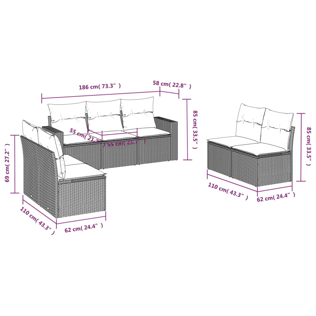 Set Divani da Giardino 7pz con Cuscini Grigio Chiaro Polyrattan - homemem39