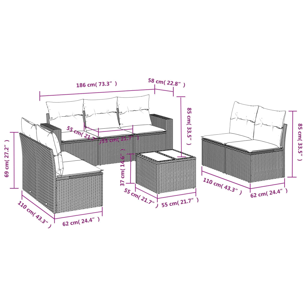 Set Divani da Giardino 8 pz con Cuscini Marrone in Polyrattan - homemem39