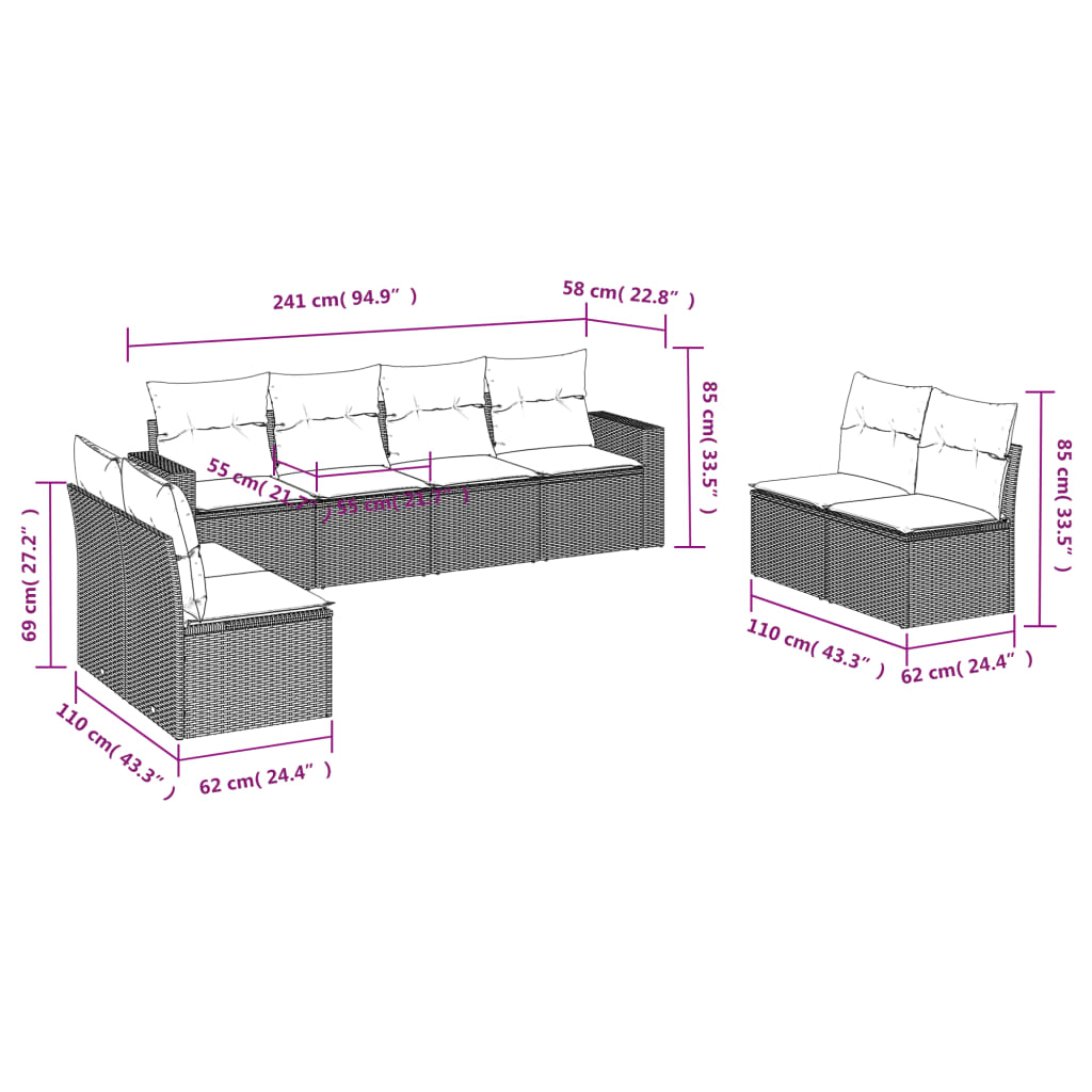 Set Divani da Giardino con Cuscini 8 pz Nero in Polyrattan - homemem39