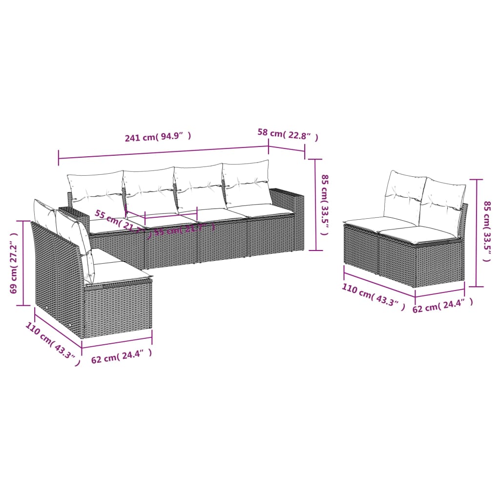 Set Divano da Giardino 8 pz con Cuscini Grigio in Polyrattan - homemem39