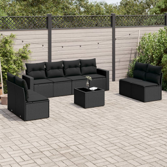 Set Divani da Giardino 9 pz con Cuscini Nero in Polyrattan - homemem39