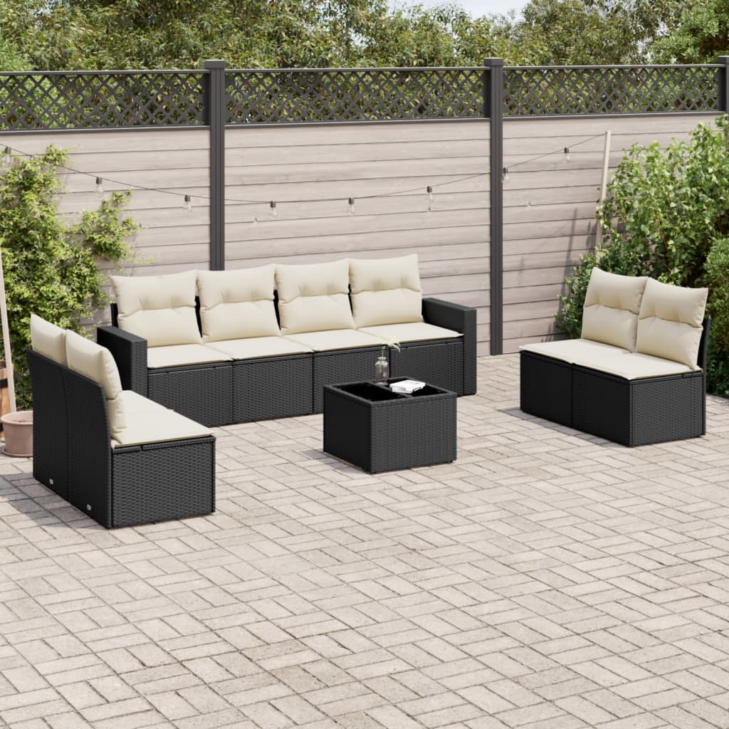 Set Divani da Giardino 9 pz con Cuscini Nero in Polyrattan - homemem39