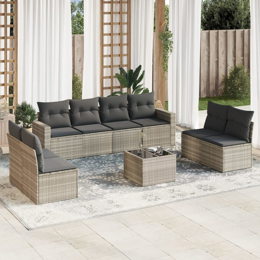 Set Divano da Giardino 9pz con Cuscini Grigio Chiaro Polyrattan - homemem39