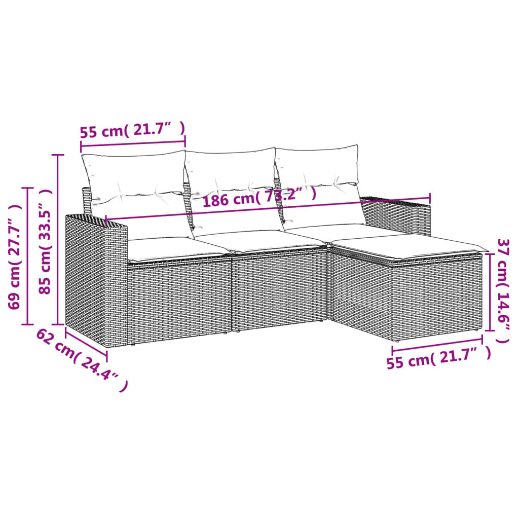 Set Divani da Giardino 4 pz con Cuscini Nero in Polyrattan - homemem39