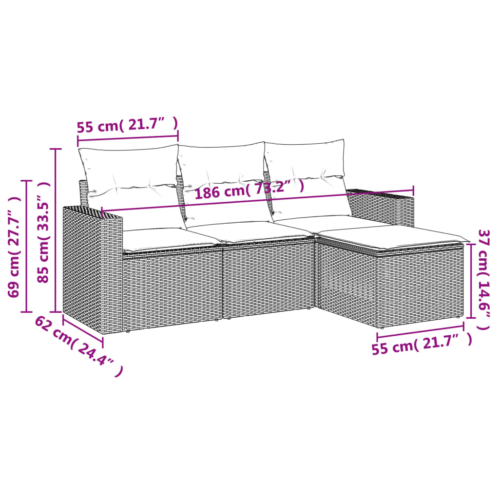 Set Divano da Giardino 4 pz con Cuscini Beige in Polyrattan - homemem39