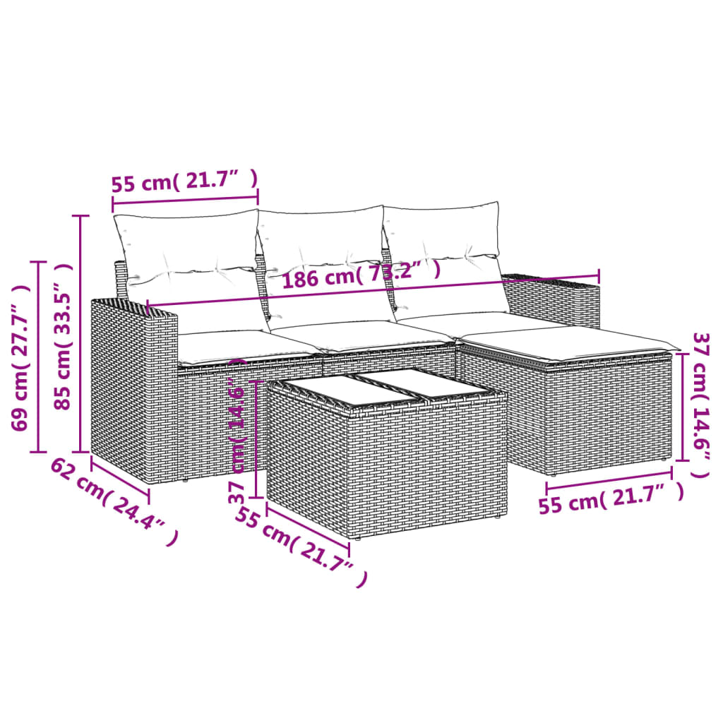 Set Divani da Giardino 5 pz con Cuscini in Polyrattan Nero - homemem39