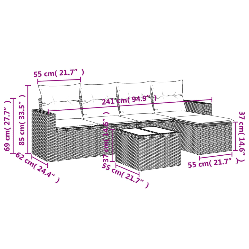 Set Divani da Giardino 6 pz con Cuscini Marrone in Polyrattan - homemem39