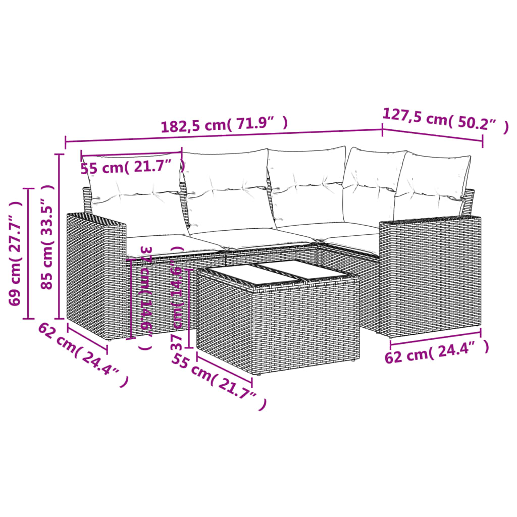 Set Divani da Giardino 5 pz con Cuscini in Polyrattan Nero - homemem39