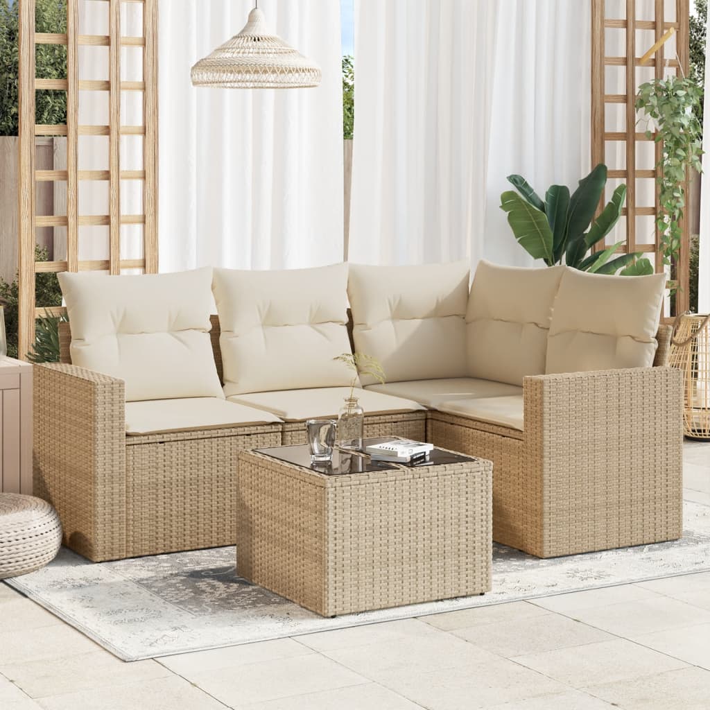 Set Divano da Giardino 5 pz con Cuscini Beige in Polyrattan - homemem39