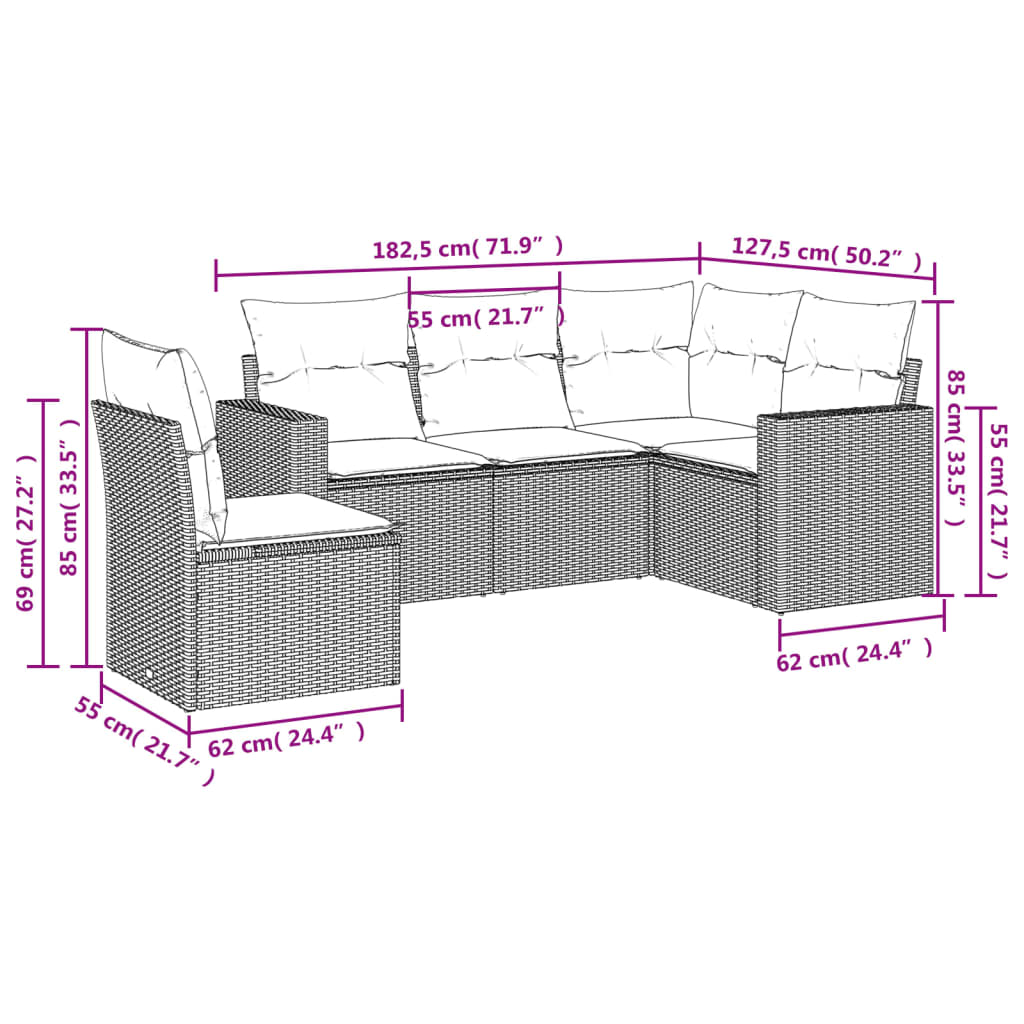 Set Divani da Giardino 5 pz con Cuscini in Polyrattan Nero - homemem39