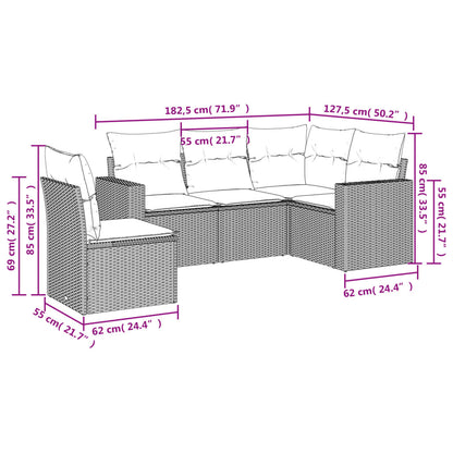 Set Divano da Giardino 5 pz con Cuscini Marrone in Polyrattan - homemem39