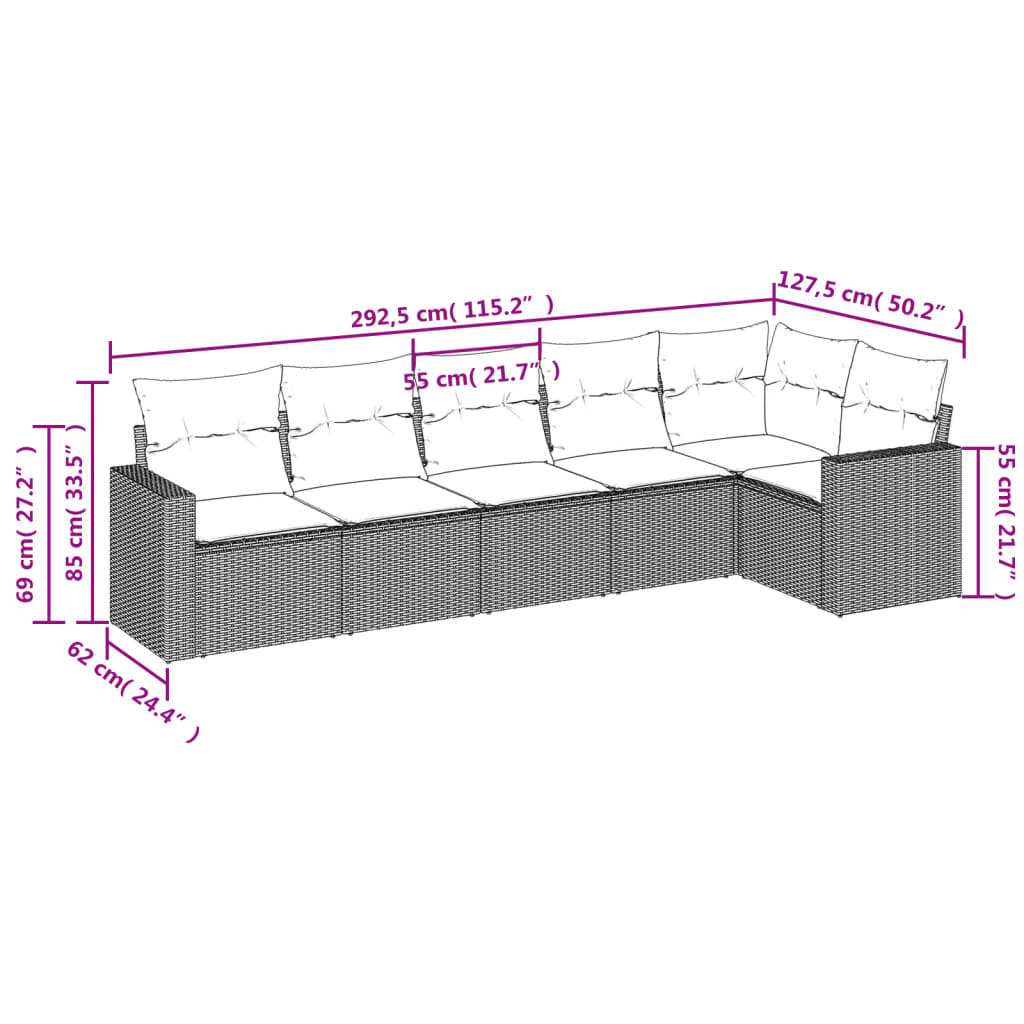 6-teiliges Gartensofa-Set mit braunen Polyrattan-Kissen