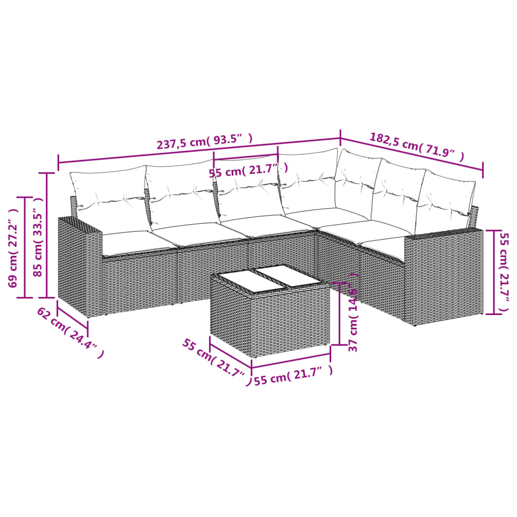 Set Divani da Giardino 7 pz con Cuscini Grigio in Polyrattan - homemem39