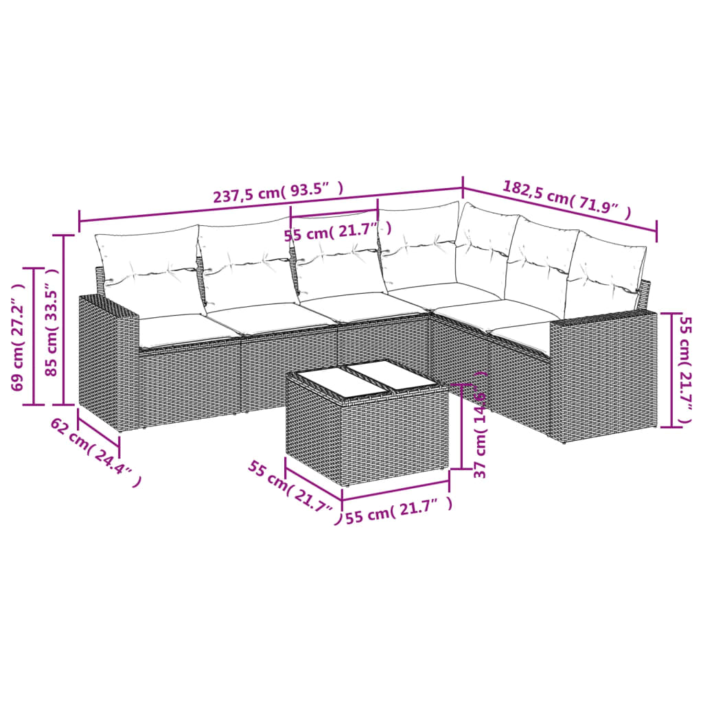 Set Divani da Giardino 7 pz con Cuscini Marrone in Polyrattan - homemem39