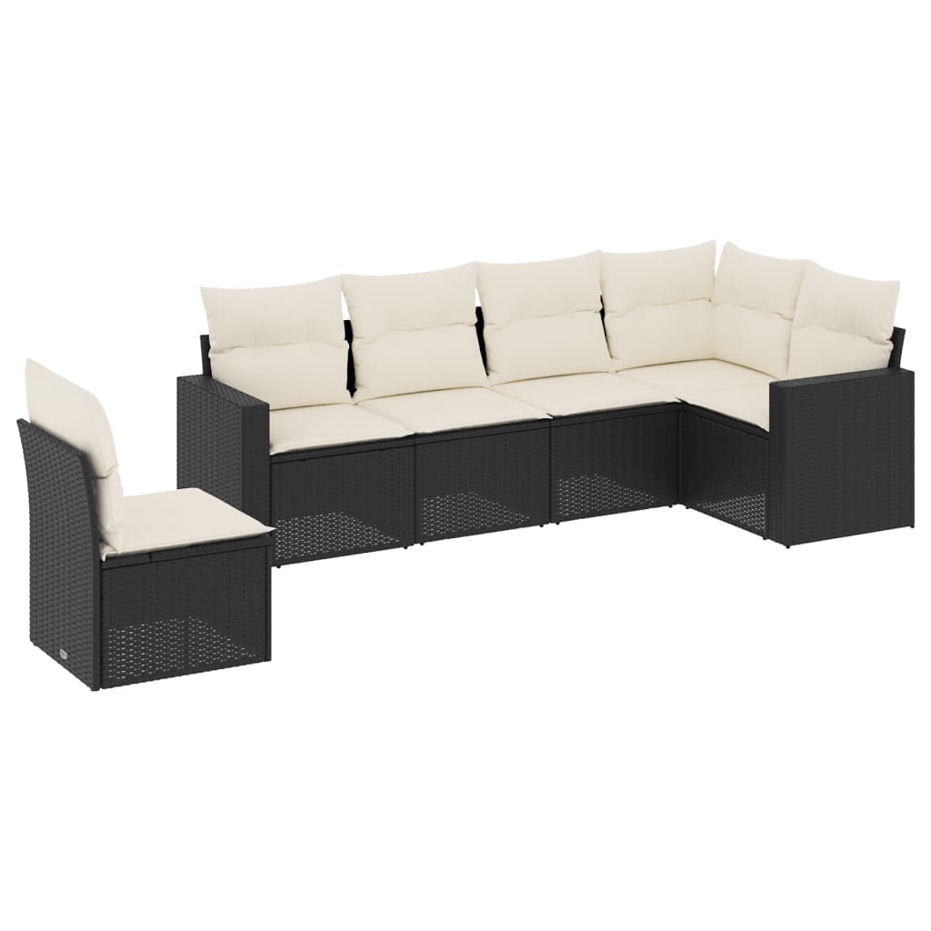 6-teiliges Gartensofa-Set mit schwarzen Polyrattan-Kissen