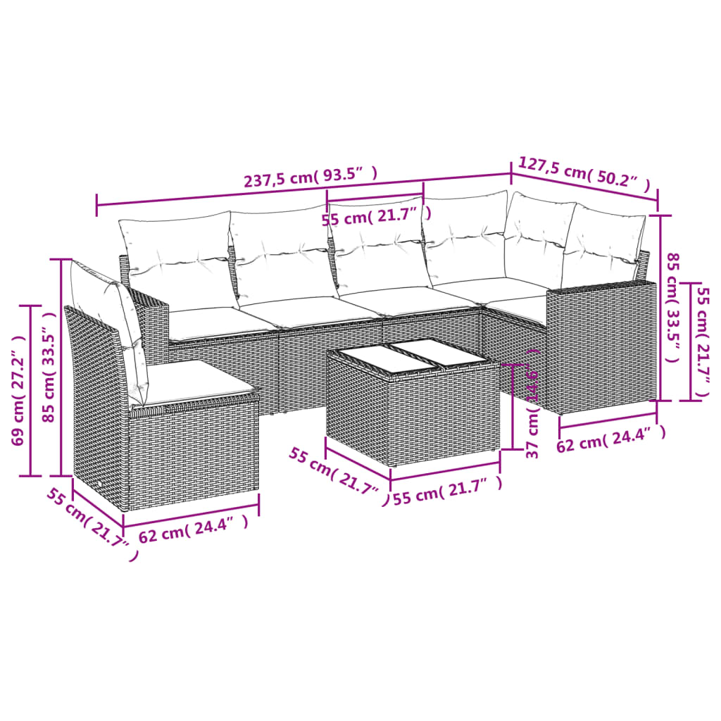 Set Divani da Giardino 7pz con Cuscini Grigio Chiaro Polyrattan - homemem39